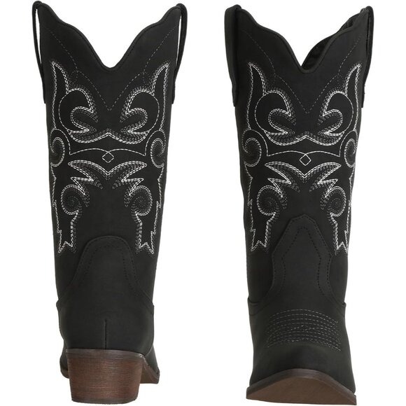 J's.o.l.e Women Black Cowgirl Boots Cowboy Pointed Toe Wide Mid Calf - Picture 2 of 8